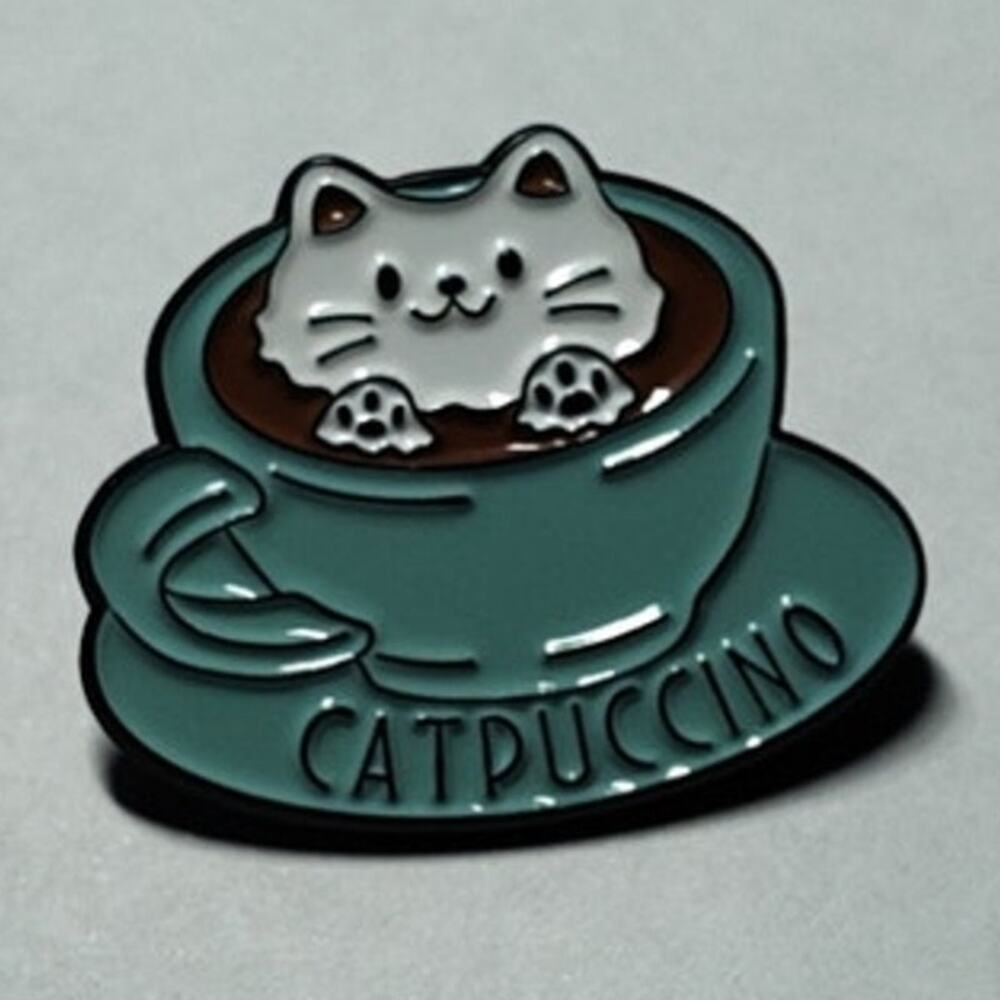 Cute Catpuccino Cat In A Coffee Cup Pin Kitty Lapel Hat Brooch